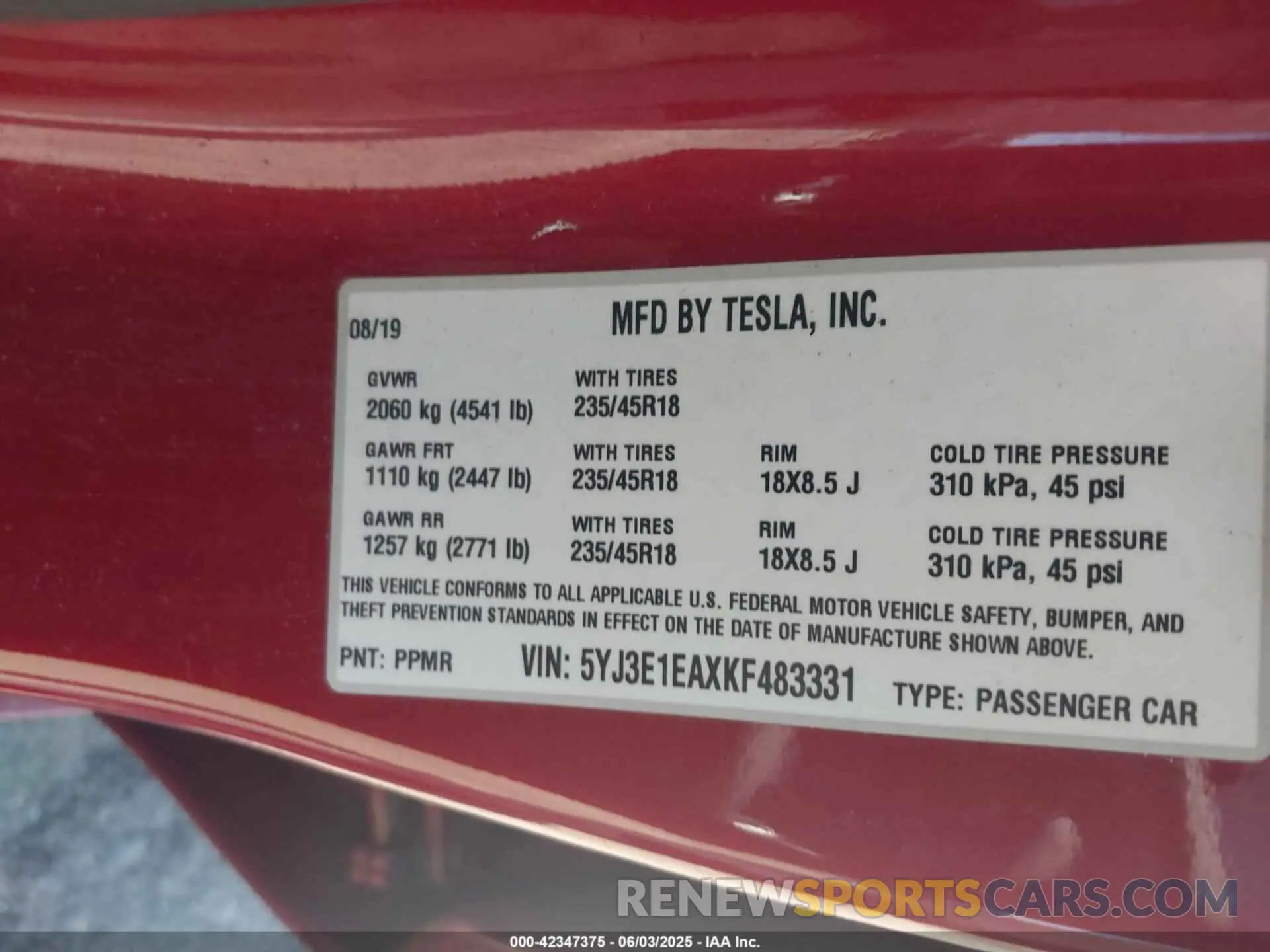 9 Photograph of a damaged car 5YJ3E1EAXKF483331 TESLA MODEL 3 2019