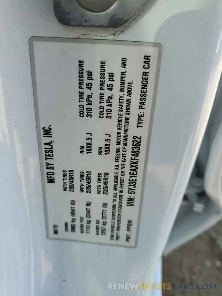 12 Photograph of a damaged car 5YJ3E1EAXKF483622 TESLA MODEL 3 2019