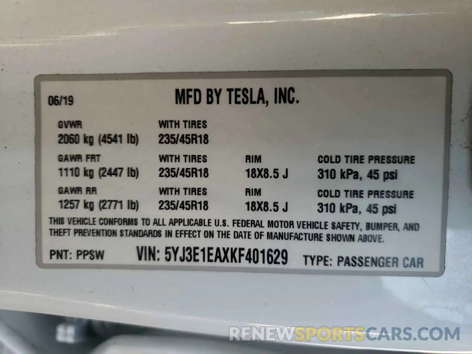 10 Photograph of a damaged car 5YJ3E1EAXXF401629 TESLA MODEL 3 2019