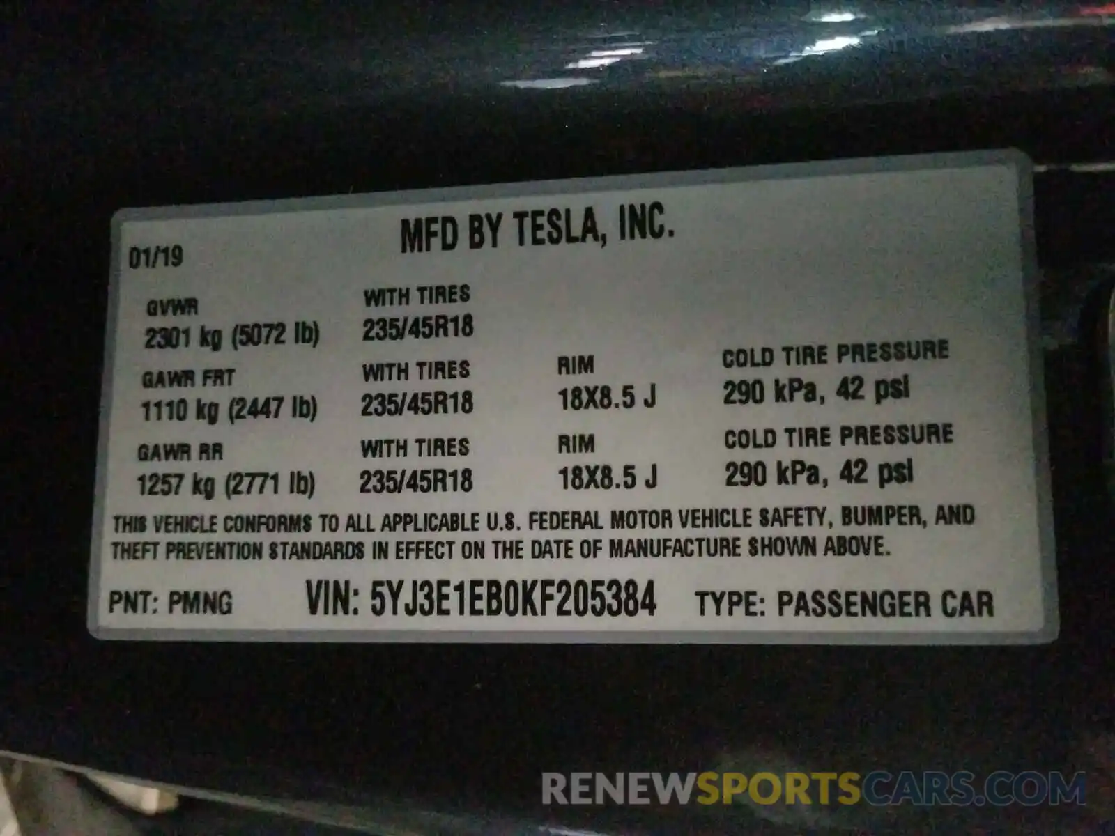 10 Photograph of a damaged car 5YJ3E1EB0KF205384 TESLA MODEL 3 2019