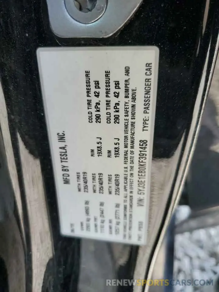 13 Photograph of a damaged car 5YJ3E1EB0KF391458 TESLA MODEL 3 2019