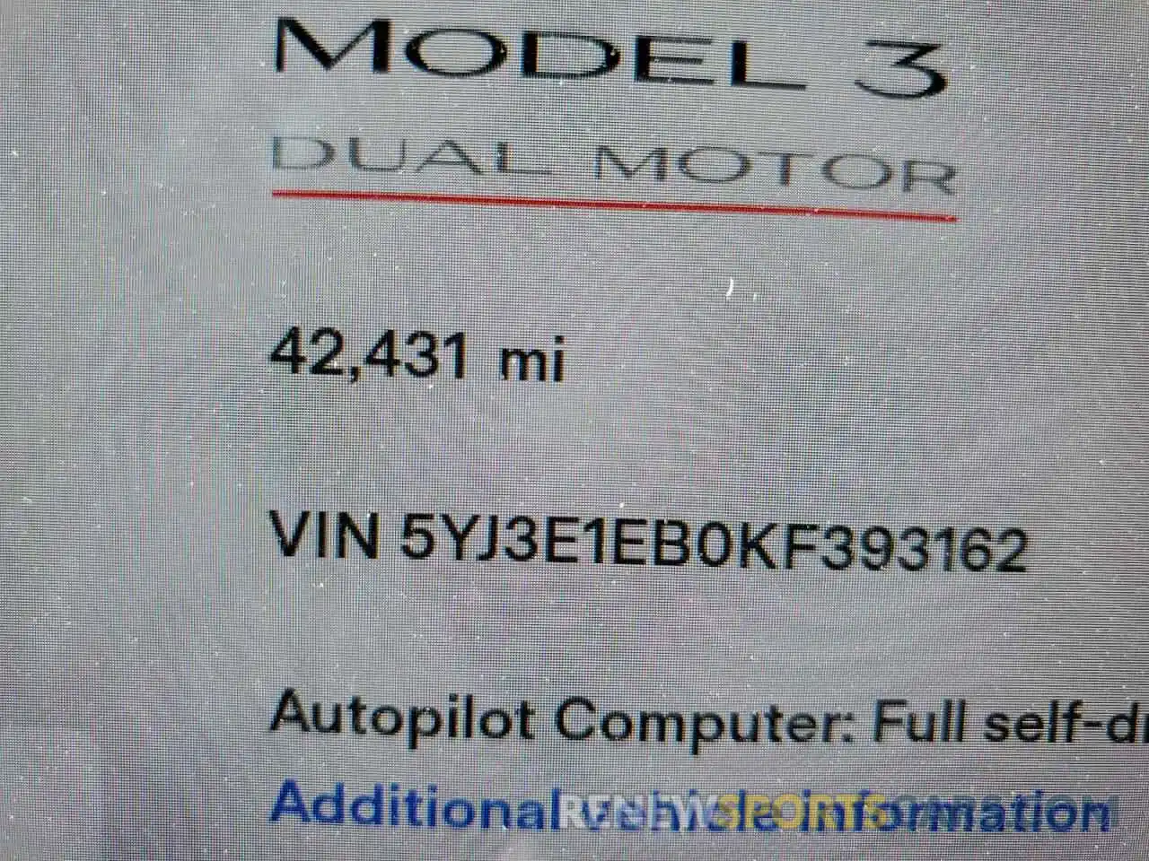 8 Photograph of a damaged car 5YJ3E1EB0KF393162 TESLA MODEL 3 2019