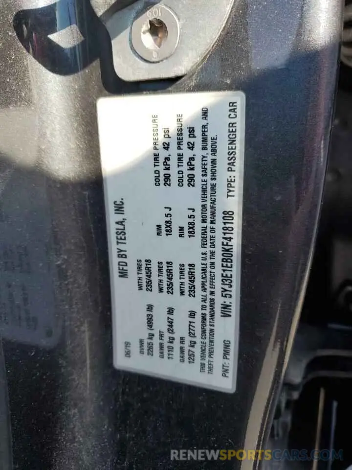 12 Photograph of a damaged car 5YJ3E1EB0KF418108 TESLA MODEL 3 2019
