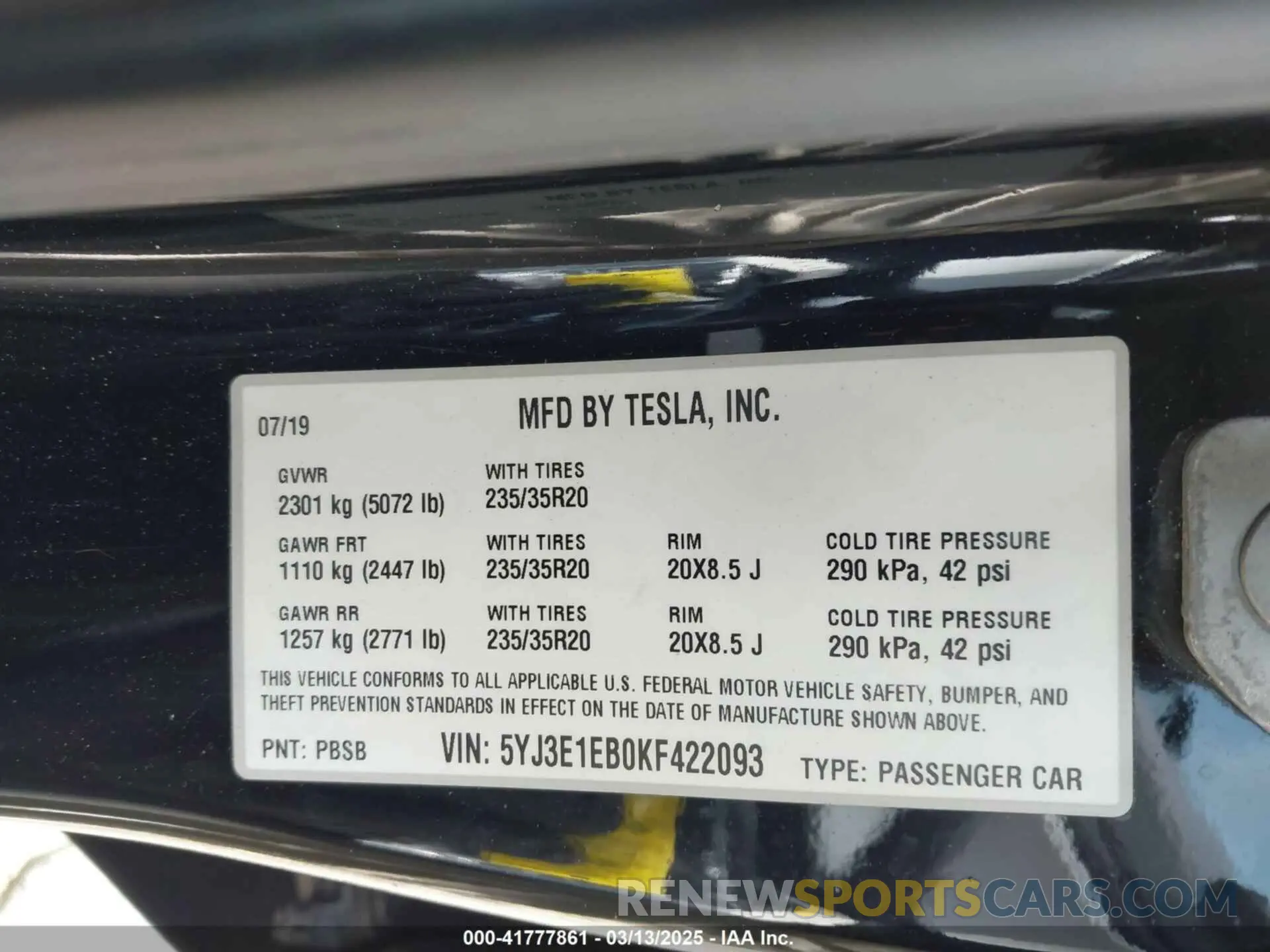 9 Photograph of a damaged car 5YJ3E1EB0KF422093 TESLA MODEL 3 2019