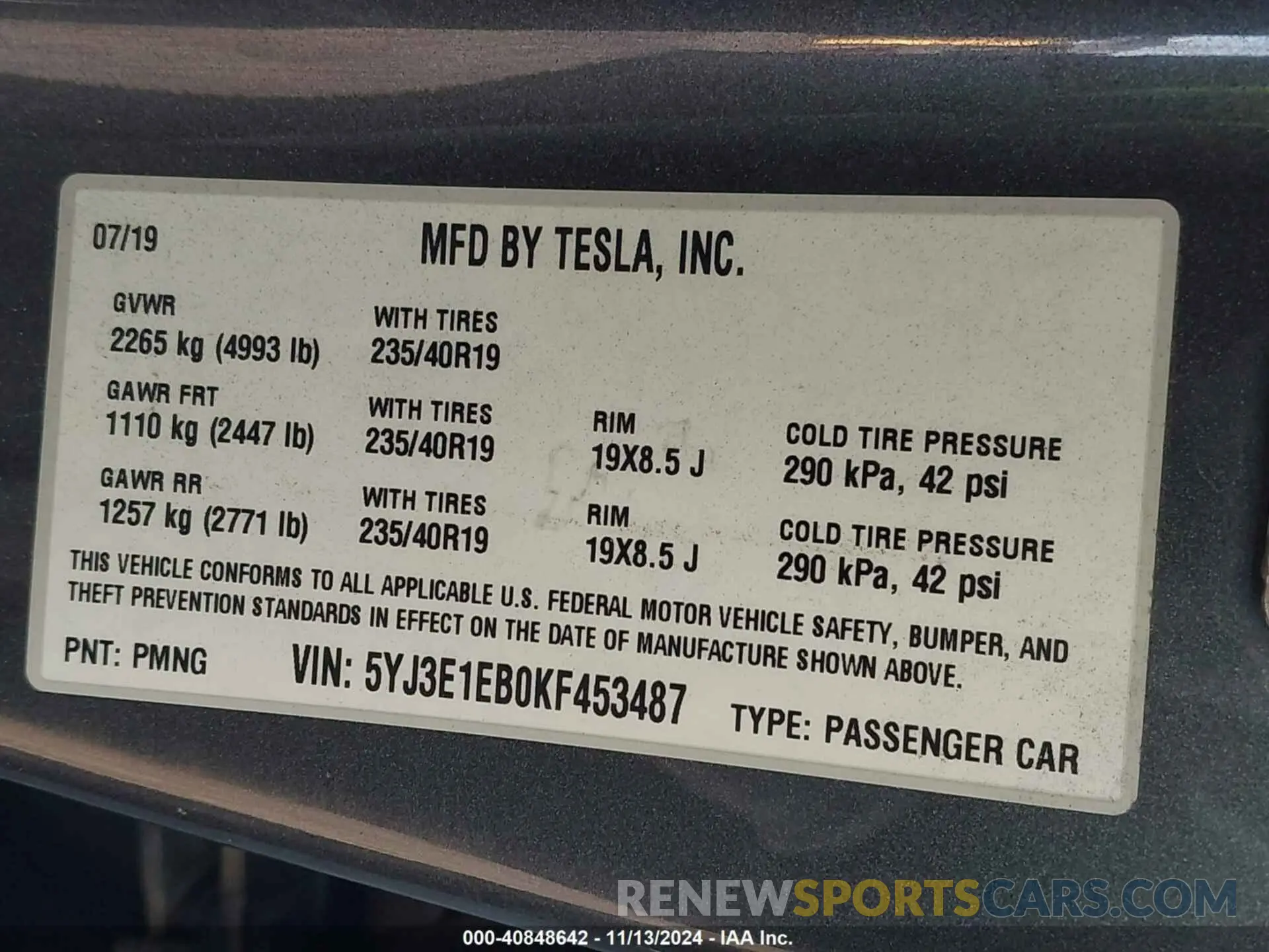 9 Photograph of a damaged car 5YJ3E1EB0KF453487 TESLA MODEL 3 2019