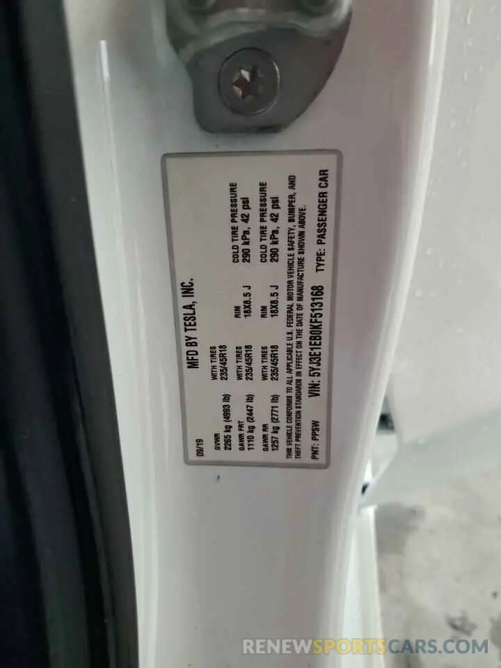 13 Photograph of a damaged car 5YJ3E1EB0KF513168 TESLA MODEL 3 2019