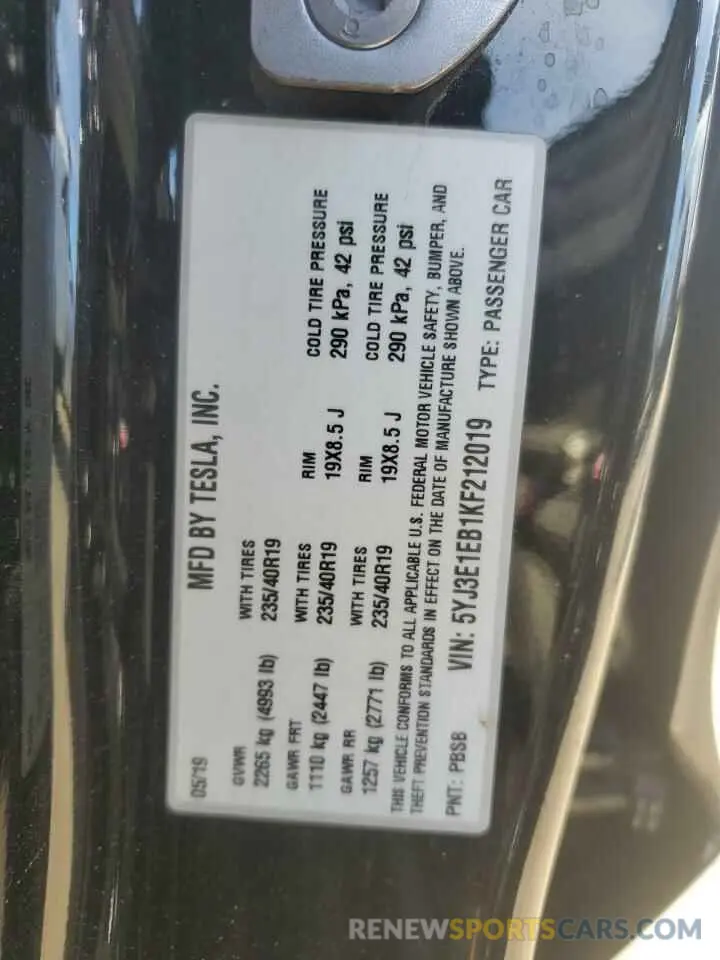 13 Photograph of a damaged car 5YJ3E1EB1KF212019 TESLA MODEL 3 2019