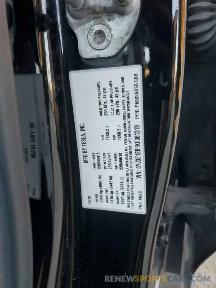 12 Photograph of a damaged car 5YJ3E1EB1KF361319 TESLA MODEL 3 2019