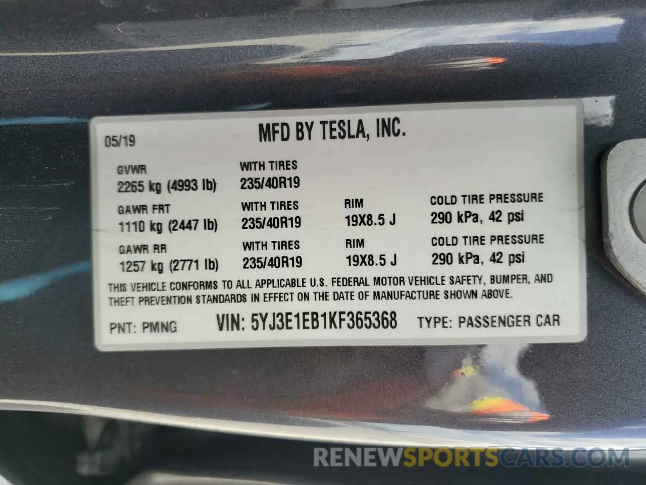 12 Photograph of a damaged car 5YJ3E1EB1KF365368 TESLA MODEL 3 2019