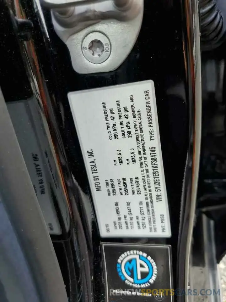 13 Photograph of a damaged car 5YJ3E1EB1KF384745 TESLA MODEL 3 2019