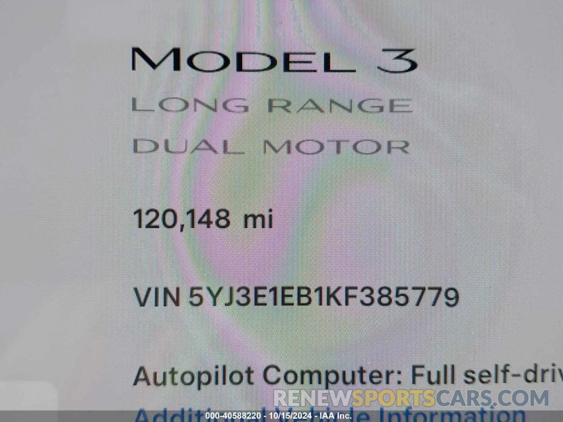 15 Photograph of a damaged car 5YJ3E1EB1KF385779 TESLA MODEL 3 2019