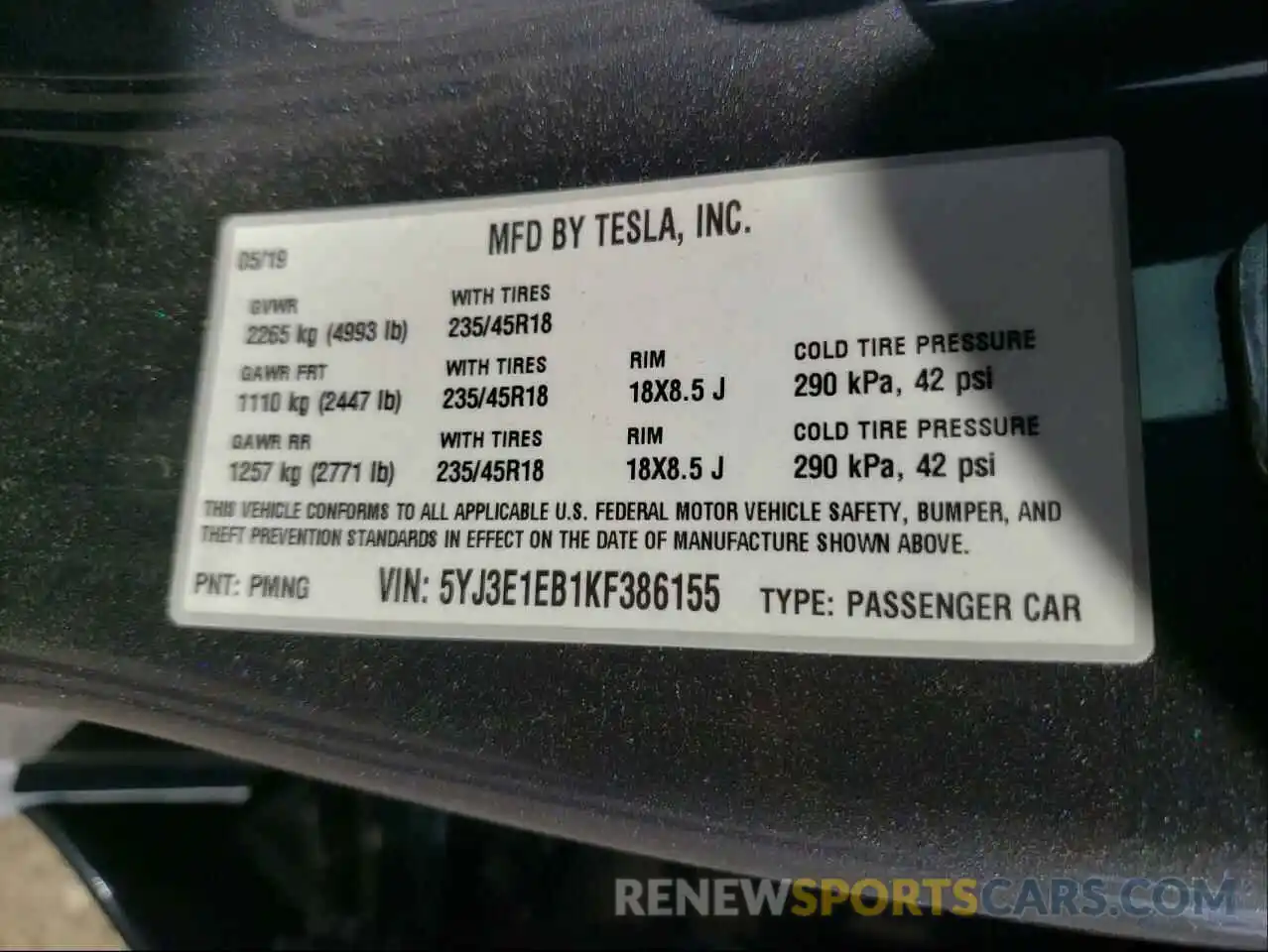 10 Photograph of a damaged car 5YJ3E1EB1KF386155 TESLA MODEL 3 2019