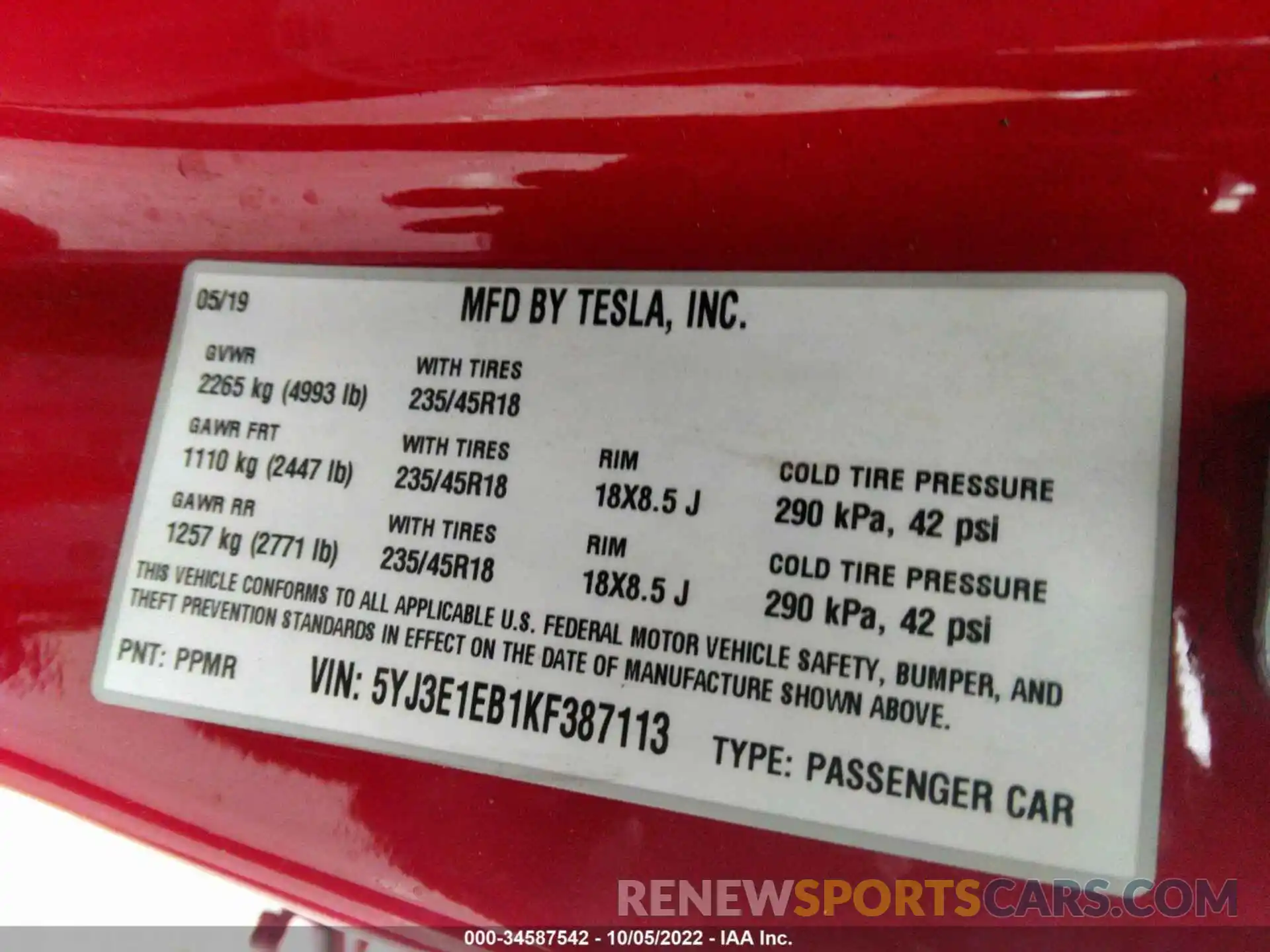 9 Photograph of a damaged car 5YJ3E1EB1KF387113 TESLA MODEL 3 2019