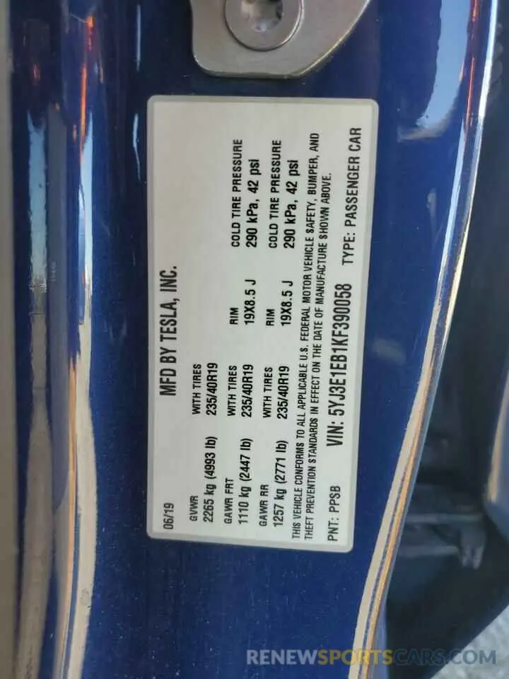 12 Photograph of a damaged car 5YJ3E1EB1KF390058 TESLA MODEL 3 2019