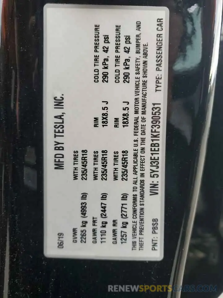 12 Photograph of a damaged car 5YJ3E1EB1KF390531 TESLA MODEL 3 2019