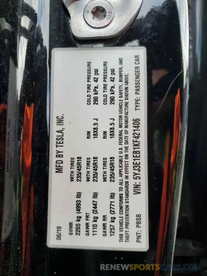 12 Photograph of a damaged car 5YJ3E1EB1KF421406 TESLA MODEL 3 2019