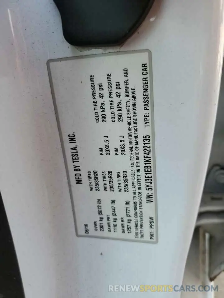 14 Photograph of a damaged car 5YJ3E1EB1KF422135 TESLA MODEL 3 2019
