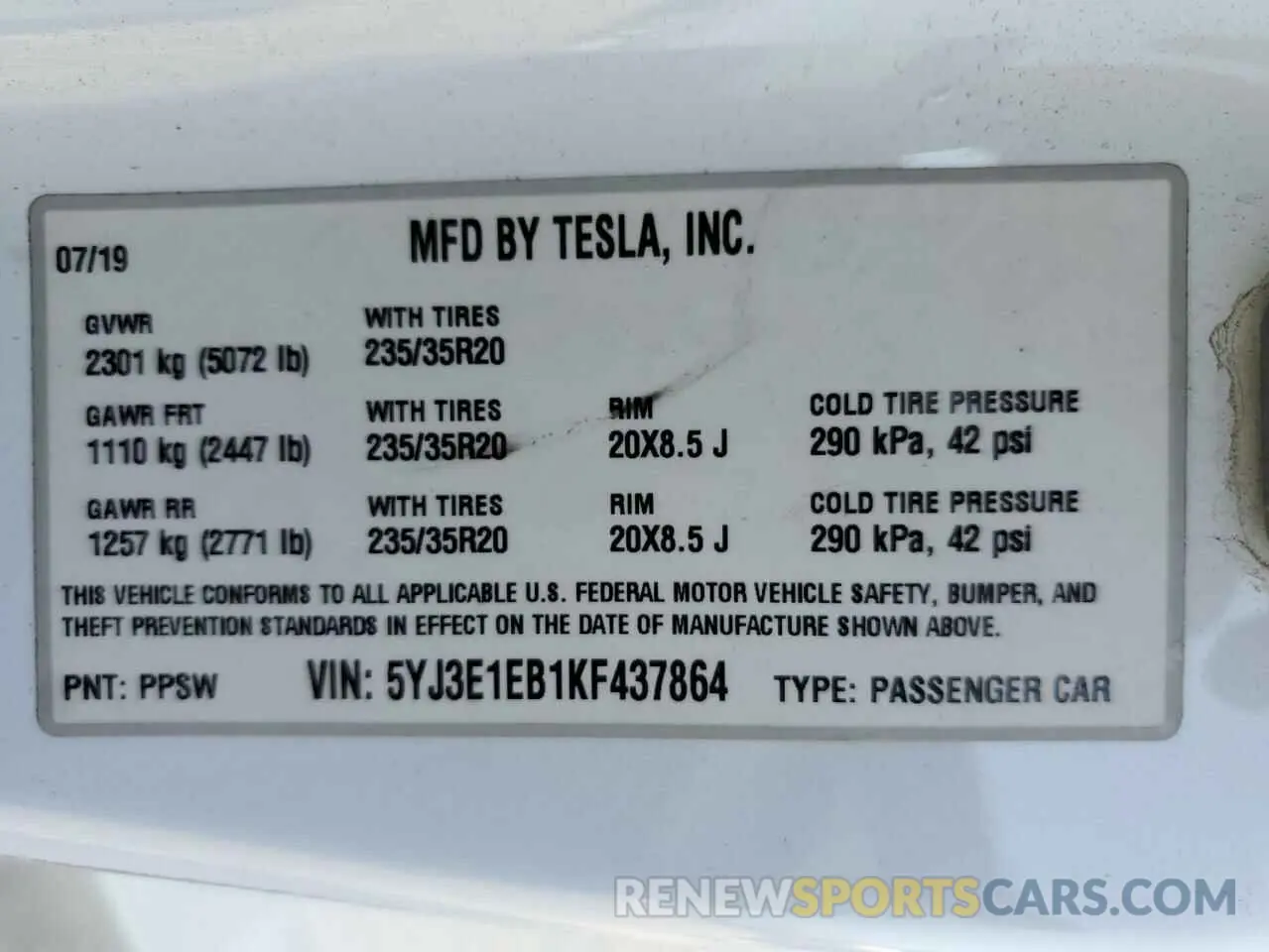 13 Photograph of a damaged car 5YJ3E1EB1KF437864 TESLA MODEL 3 2019