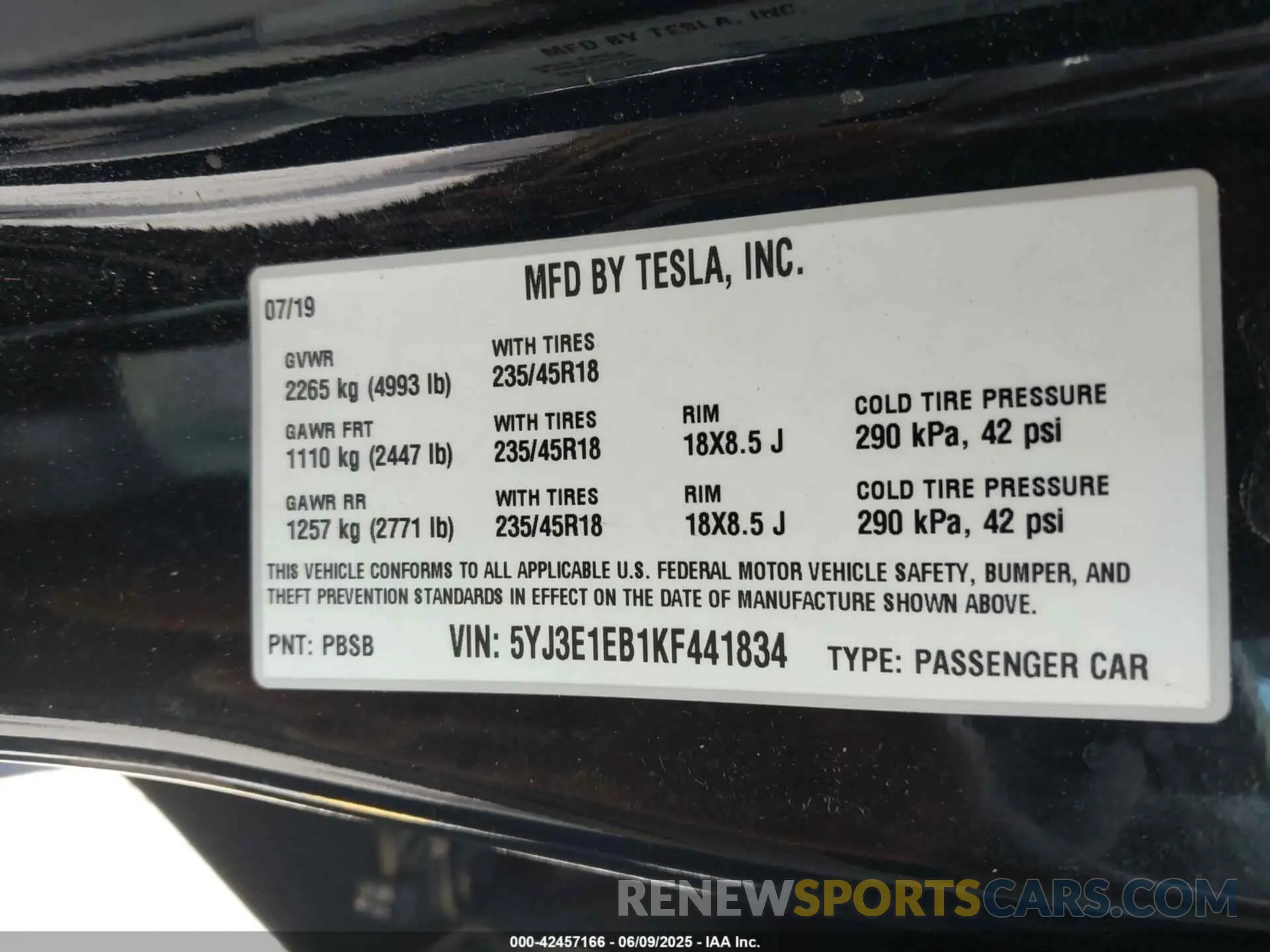 9 Photograph of a damaged car 5YJ3E1EB1KF441834 TESLA MODEL 3 2019
