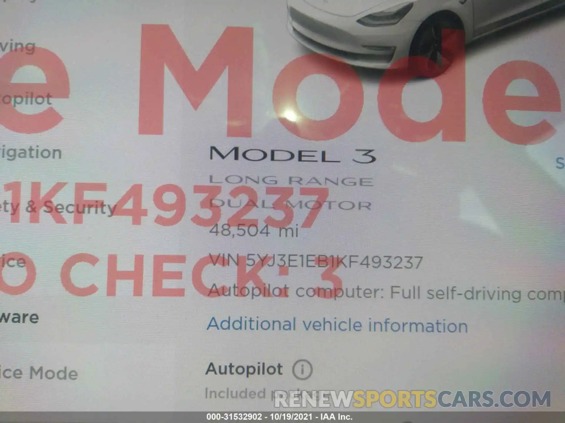 7 Photograph of a damaged car 5YJ3E1EB1KF493237 TESLA MODEL 3 2019