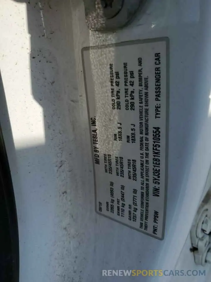 12 Photograph of a damaged car 5YJ3E1EB1KF510554 TESLA MODEL 3 2019