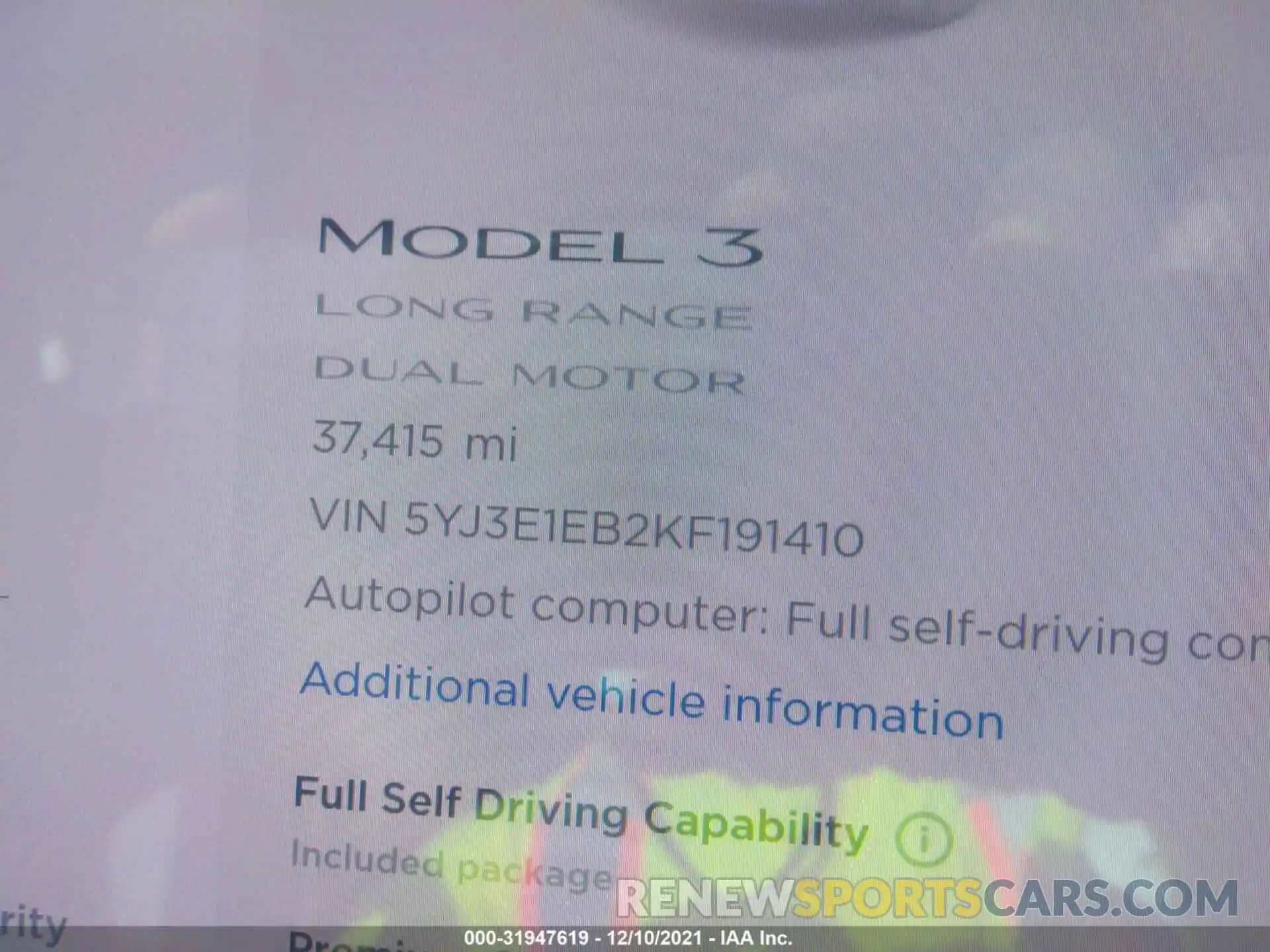 7 Photograph of a damaged car 5YJ3E1EB2KF191410 TESLA MODEL 3 2019