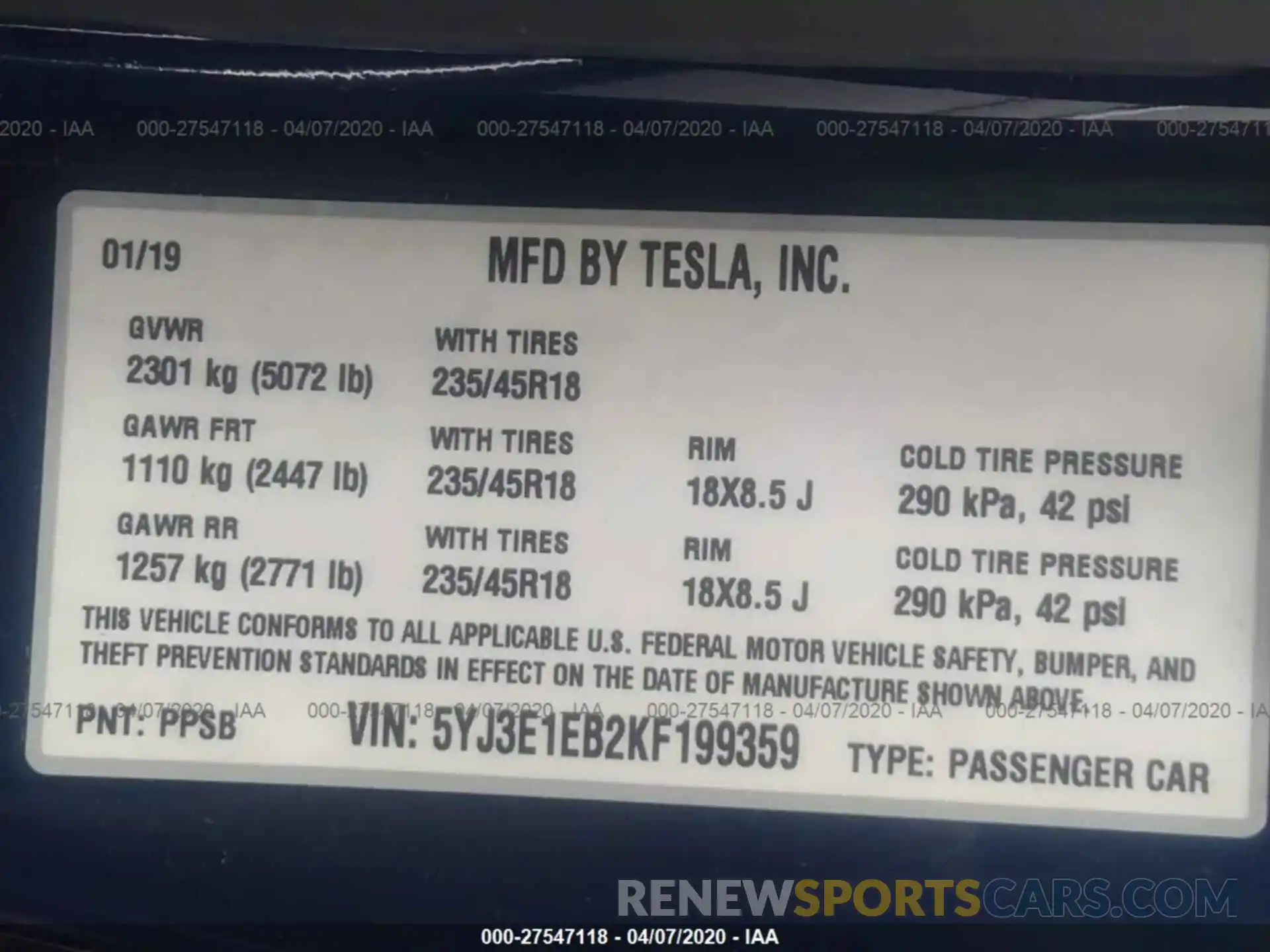 9 Photograph of a damaged car 5YJ3E1EB2KF199359 TESLA MODEL 3 2019