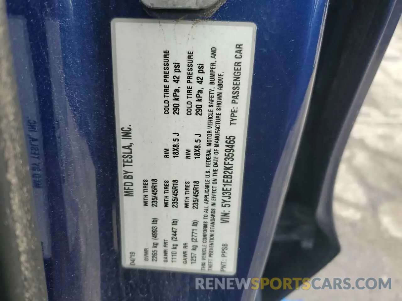 12 Photograph of a damaged car 5YJ3E1EB2KF359465 TESLA MODEL 3 2019