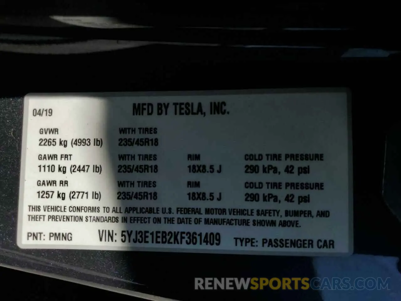 15 Photograph of a damaged car 5YJ3E1EB2KF361409 TESLA MODEL 3 2019