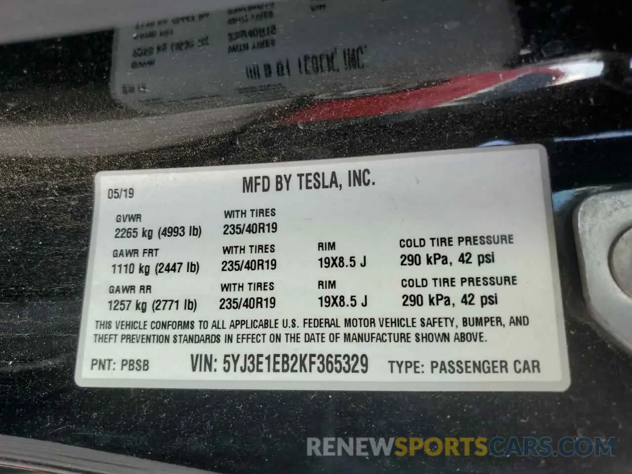 12 Photograph of a damaged car 5YJ3E1EB2KF365329 TESLA MODEL 3 2019