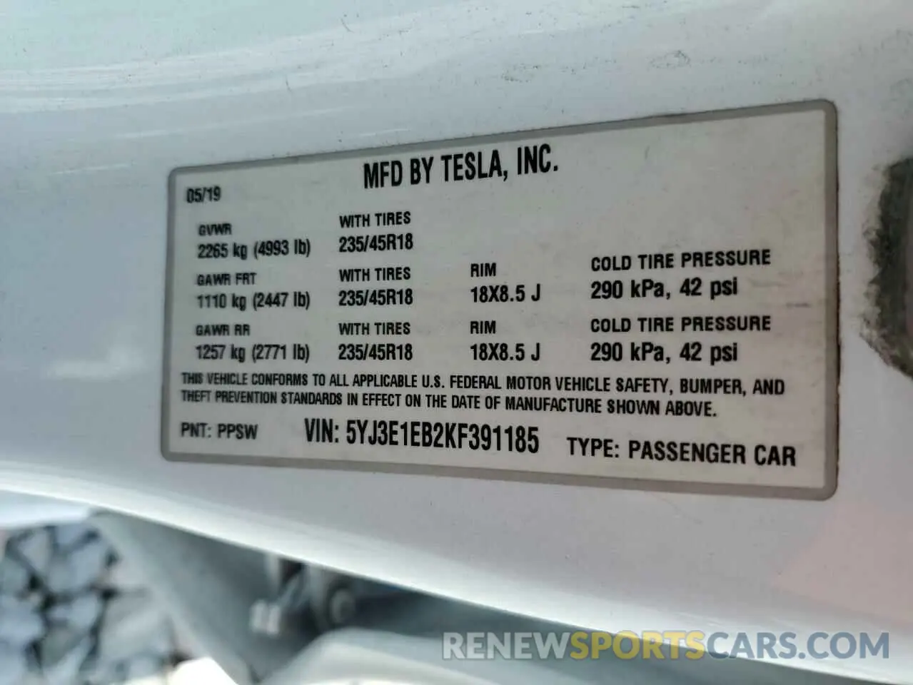 12 Photograph of a damaged car 5YJ3E1EB2KF391185 TESLA MODEL 3 2019