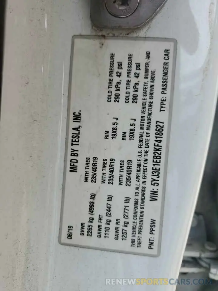 14 Photograph of a damaged car 5YJ3E1EB2KF418627 TESLA MODEL 3 2019