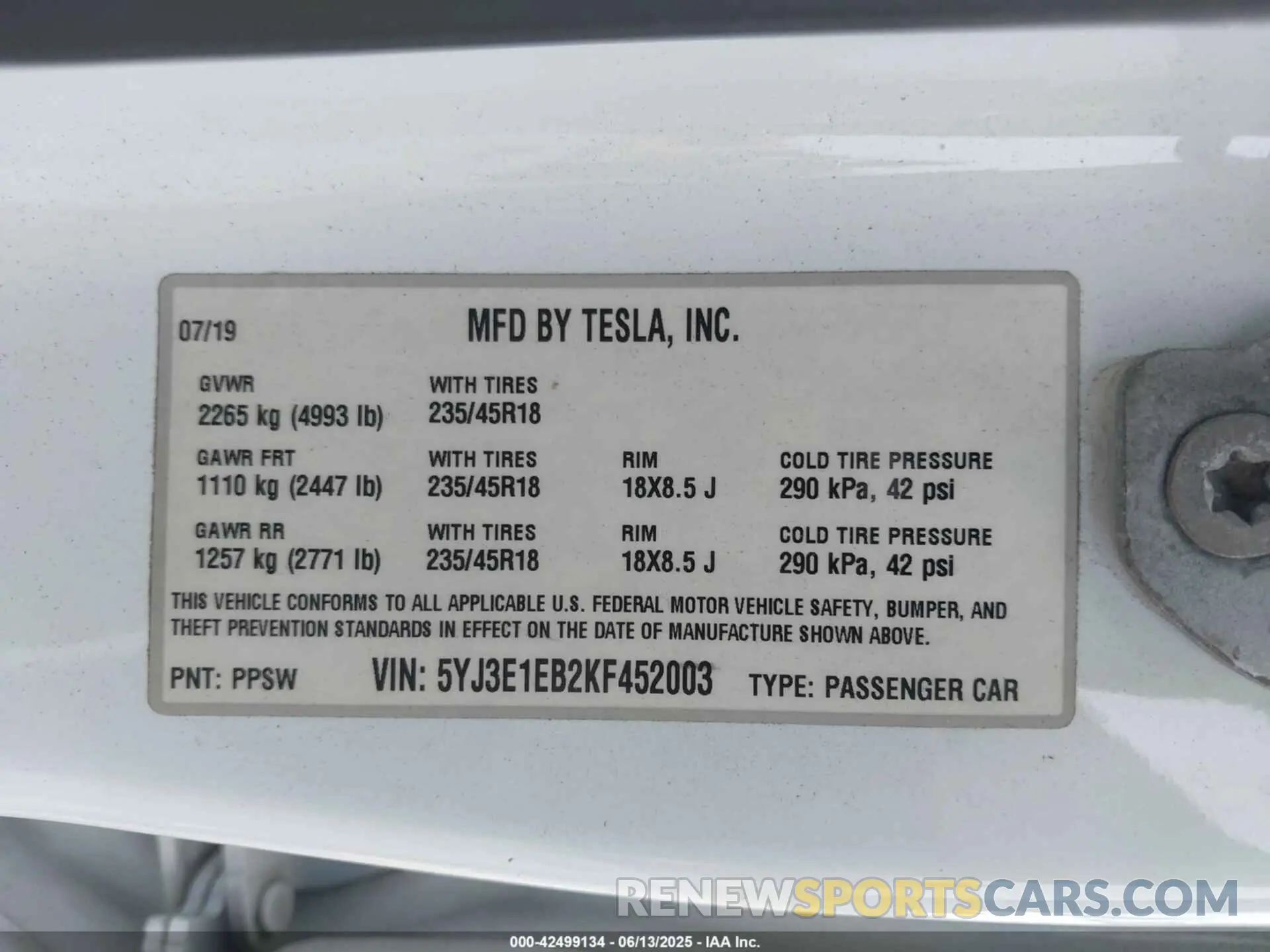 9 Photograph of a damaged car 5YJ3E1EB2KF452003 TESLA MODEL 3 2019