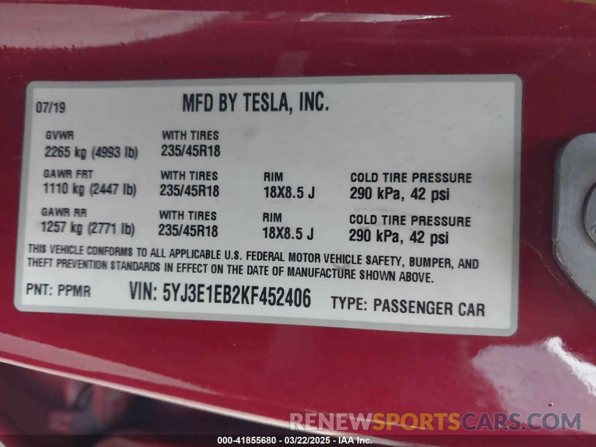 9 Photograph of a damaged car 5YJ3E1EB2KF452406 TESLA MODEL 3 2019