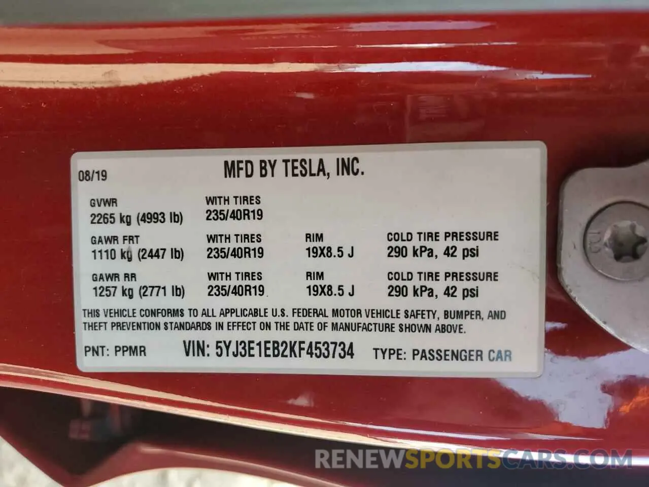 14 Photograph of a damaged car 5YJ3E1EB2KF453734 TESLA MODEL 3 2019