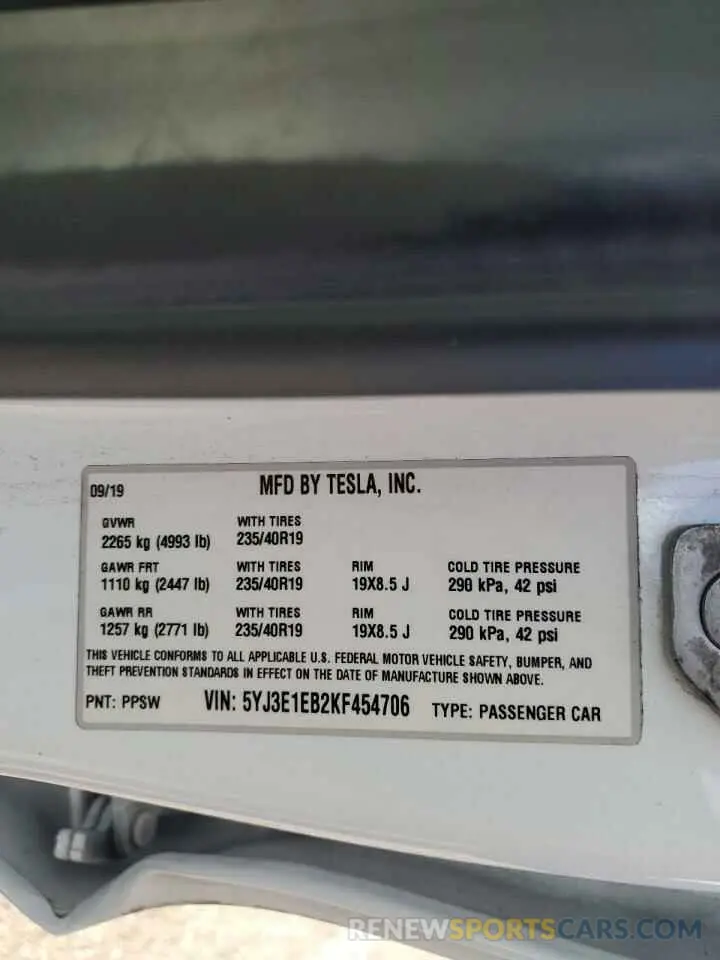 13 Photograph of a damaged car 5YJ3E1EB2KF454706 TESLA MODEL 3 2019