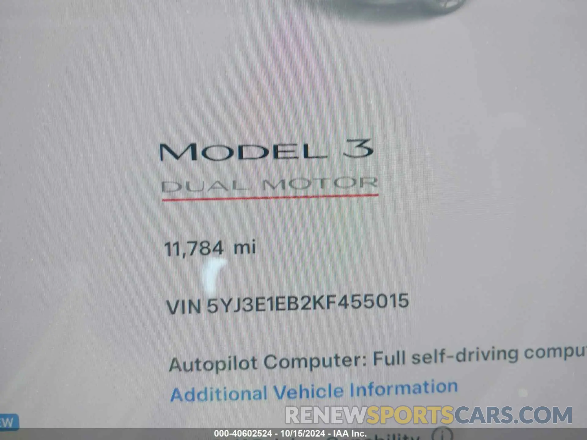 16 Photograph of a damaged car 5YJ3E1EB2KF455015 TESLA MODEL 3 2019