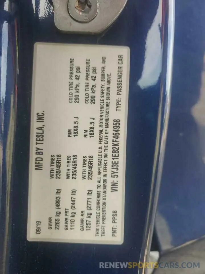 12 Photograph of a damaged car 5YJ3E1EB2KF464958 TESLA MODEL 3 2019