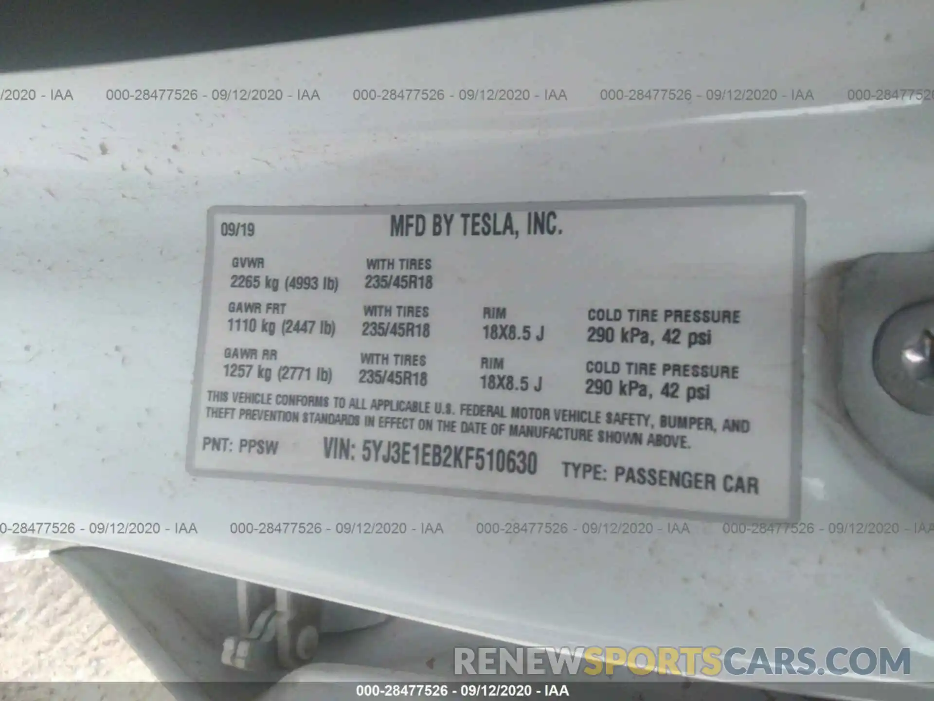 9 Photograph of a damaged car 5YJ3E1EB2KF510630 TESLA MODEL 3 2019