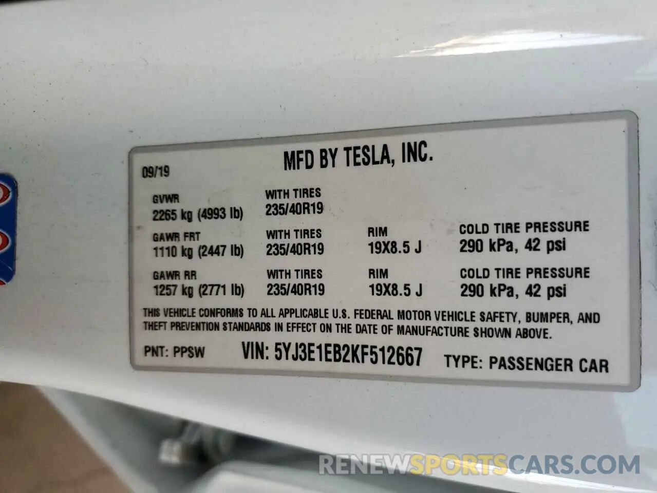 13 Photograph of a damaged car 5YJ3E1EB2KF512667 TESLA MODEL 3 2019