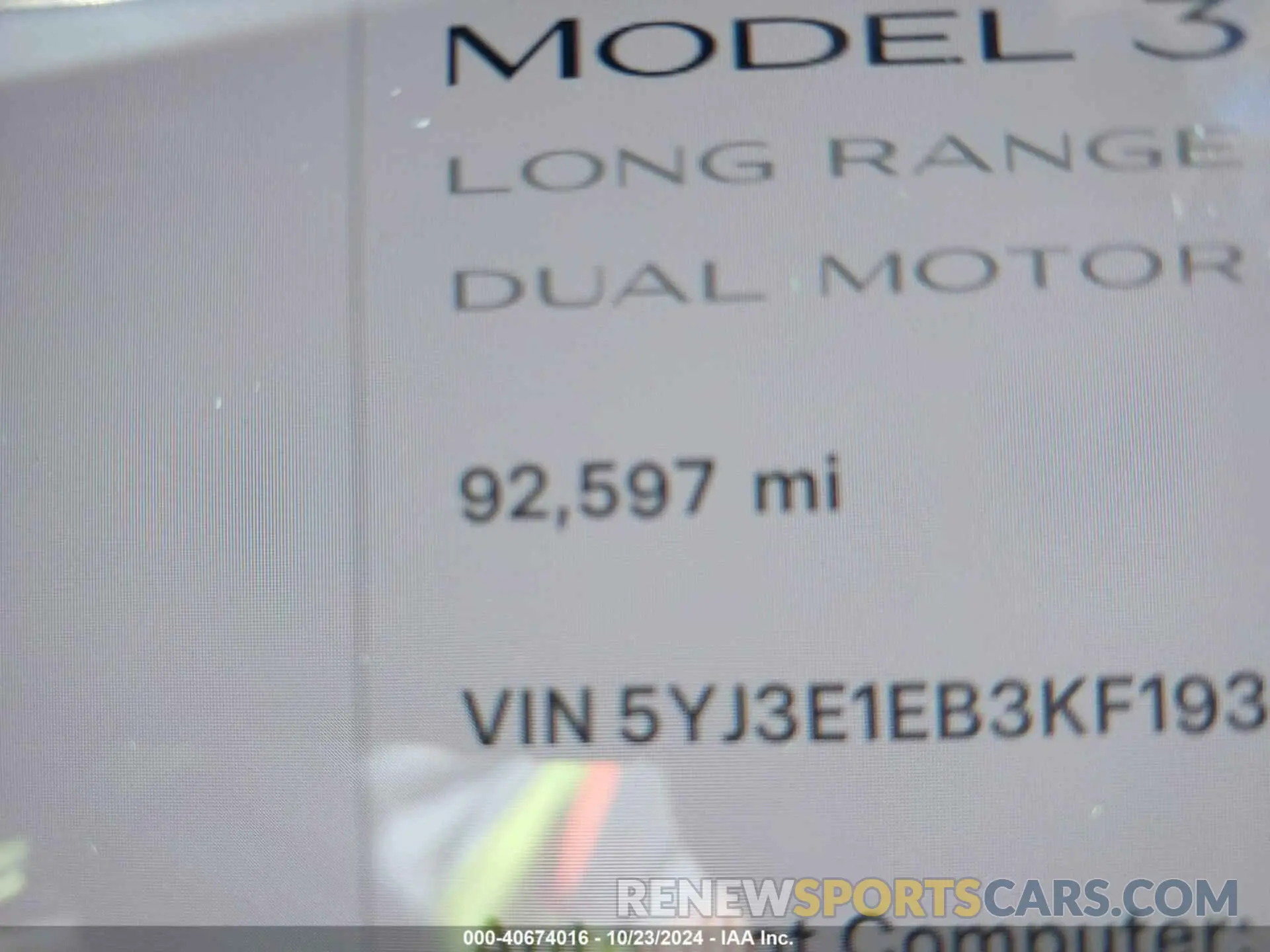 15 Photograph of a damaged car 5YJ3E1EB3KF193747 TESLA MODEL 3 2019