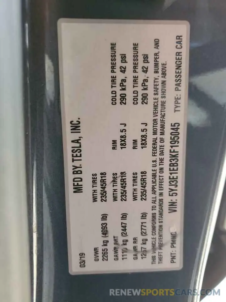 12 Photograph of a damaged car 5YJ3E1EB3KF195045 TESLA MODEL 3 2019