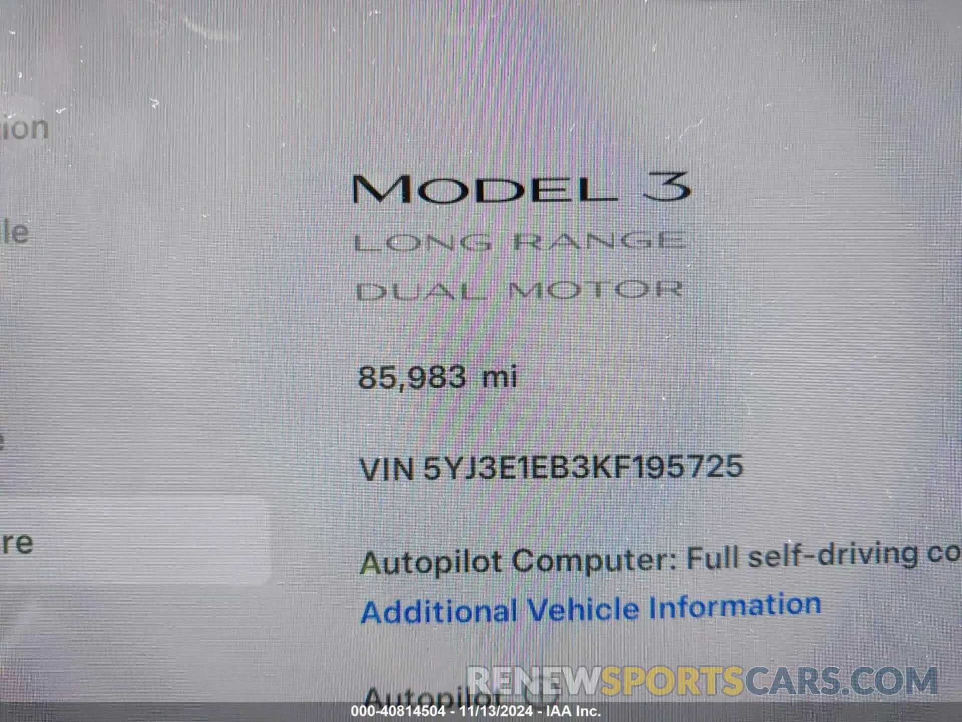 15 Photograph of a damaged car 5YJ3E1EB3KF195725 TESLA MODEL 3 2019