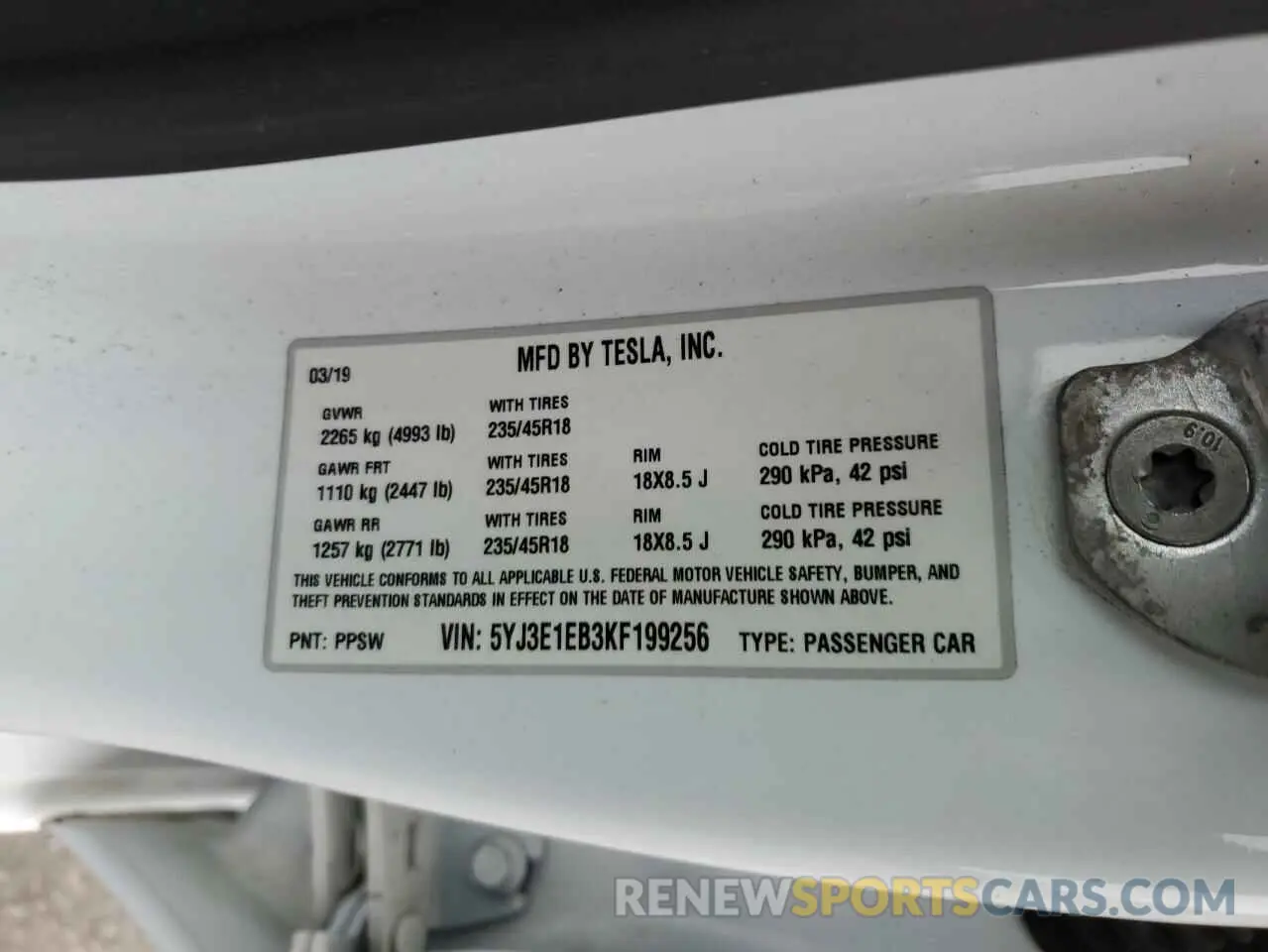 12 Photograph of a damaged car 5YJ3E1EB3KF199256 TESLA MODEL 3 2019