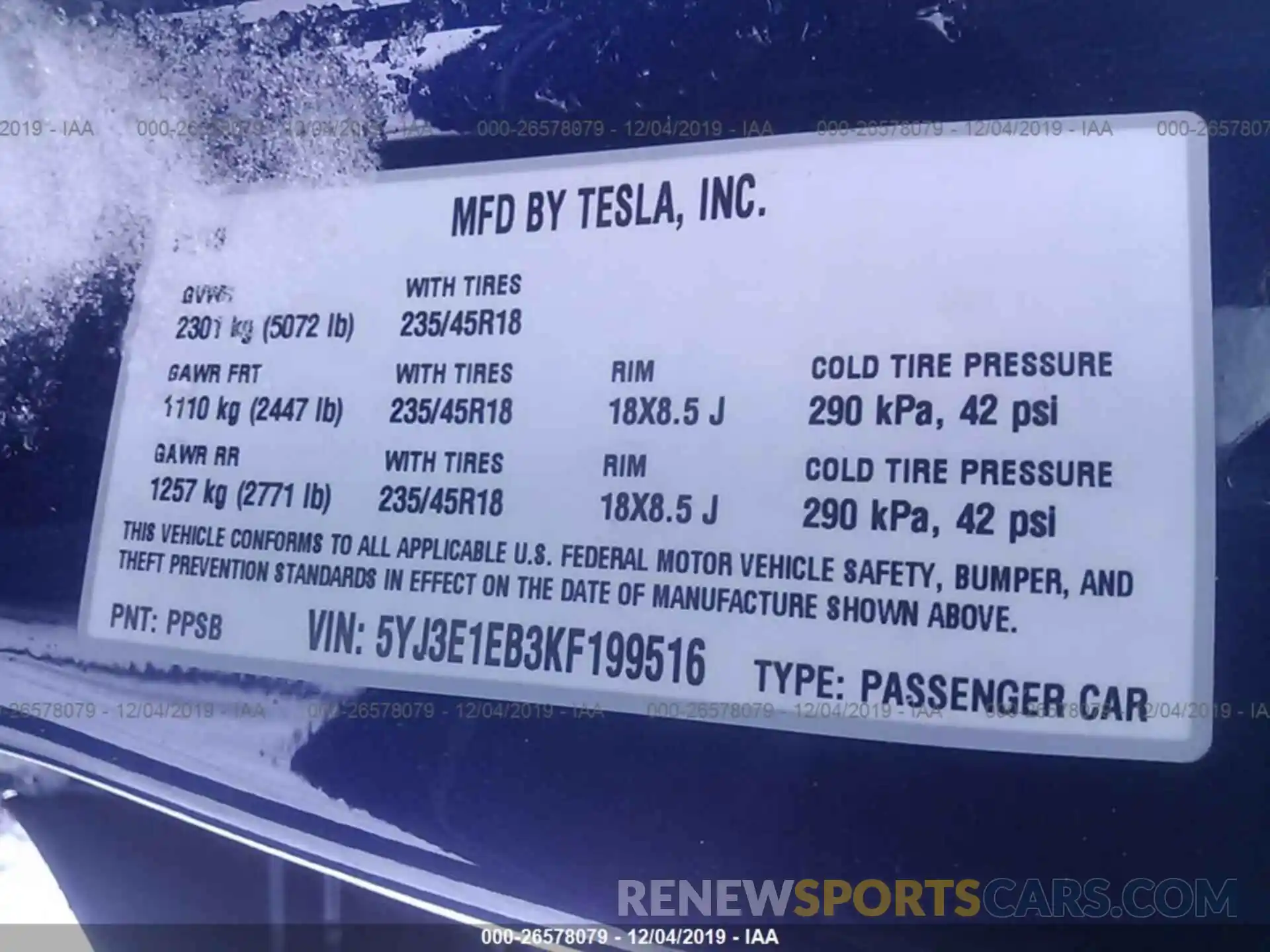 9 Photograph of a damaged car 5YJ3E1EB3KF199516 TESLA MODEL 3 2019