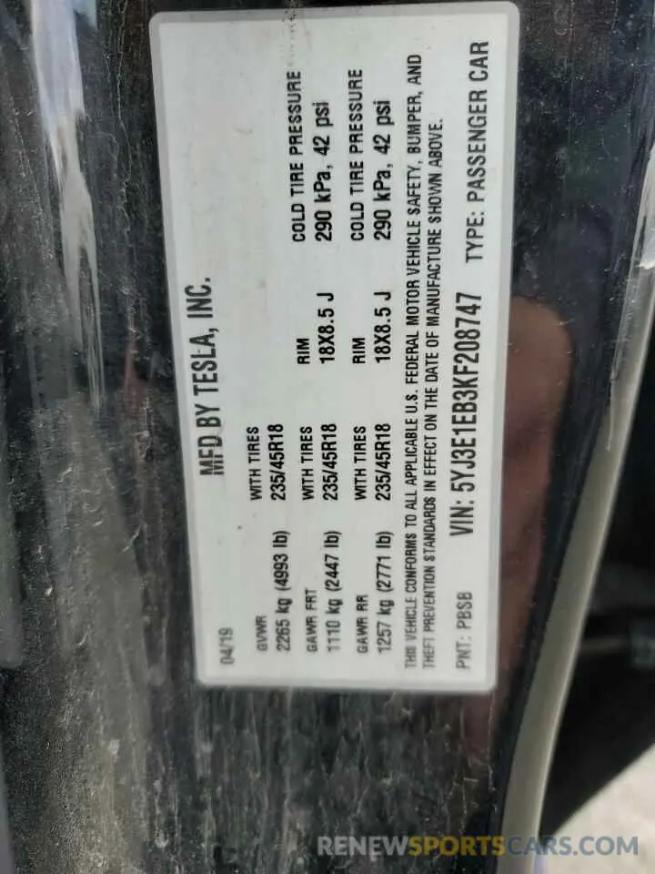 13 Photograph of a damaged car 5YJ3E1EB3KF208747 TESLA MODEL 3 2019
