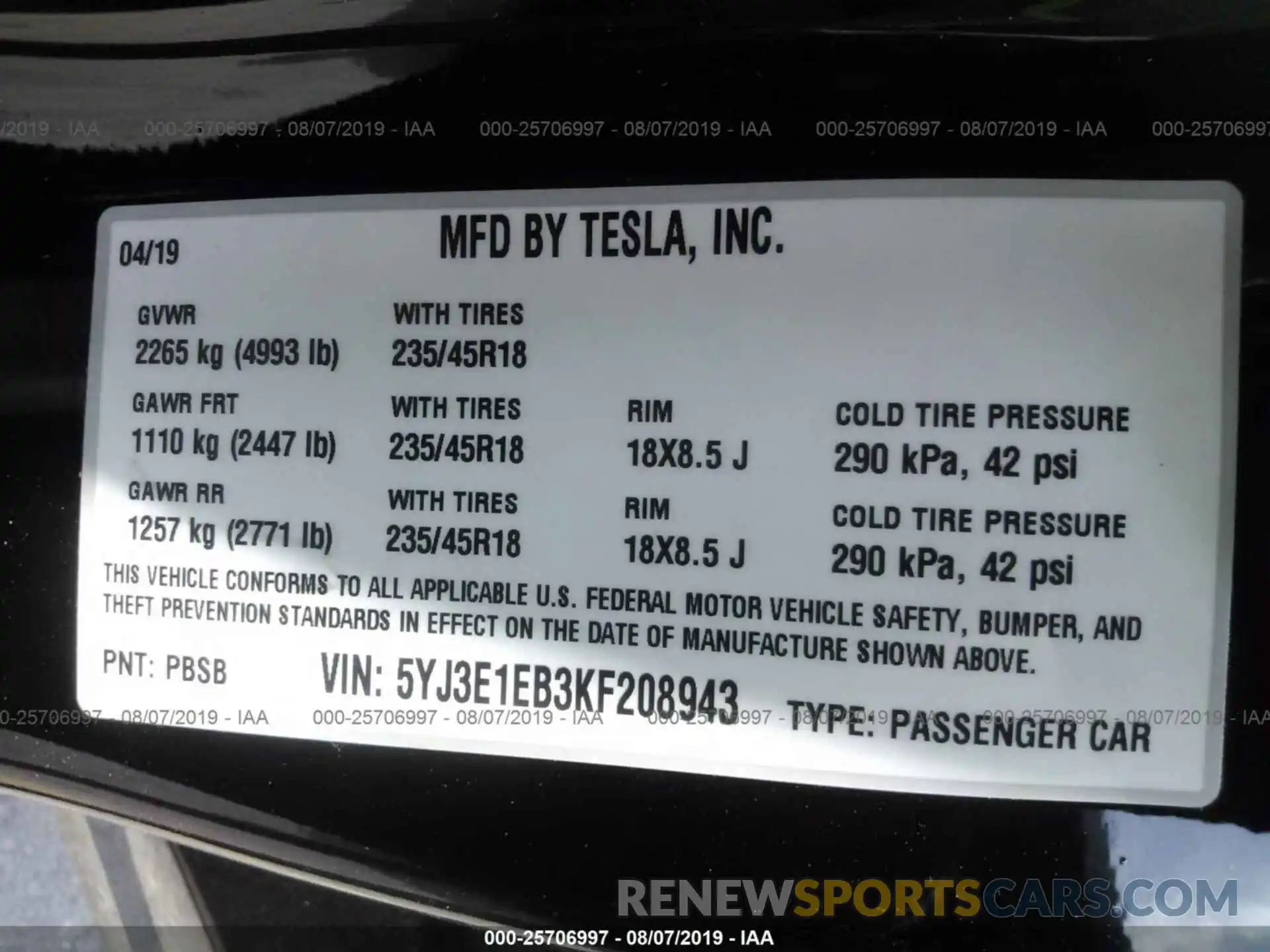 9 Photograph of a damaged car 5YJ3E1EB3KF208943 TESLA MODEL 3 2019