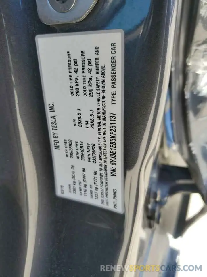 12 Photograph of a damaged car 5YJ3E1EB3KF231137 TESLA MODEL 3 2019