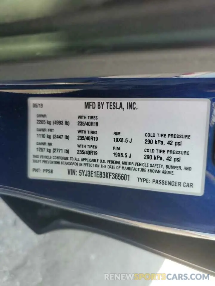12 Photograph of a damaged car 5YJ3E1EB3KF365601 TESLA MODEL 3 2019