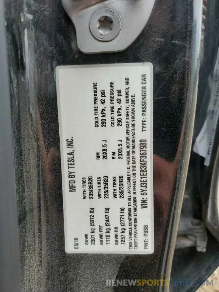 12 Photograph of a damaged car 5YJ3E1EB3KF367980 TESLA MODEL 3 2019